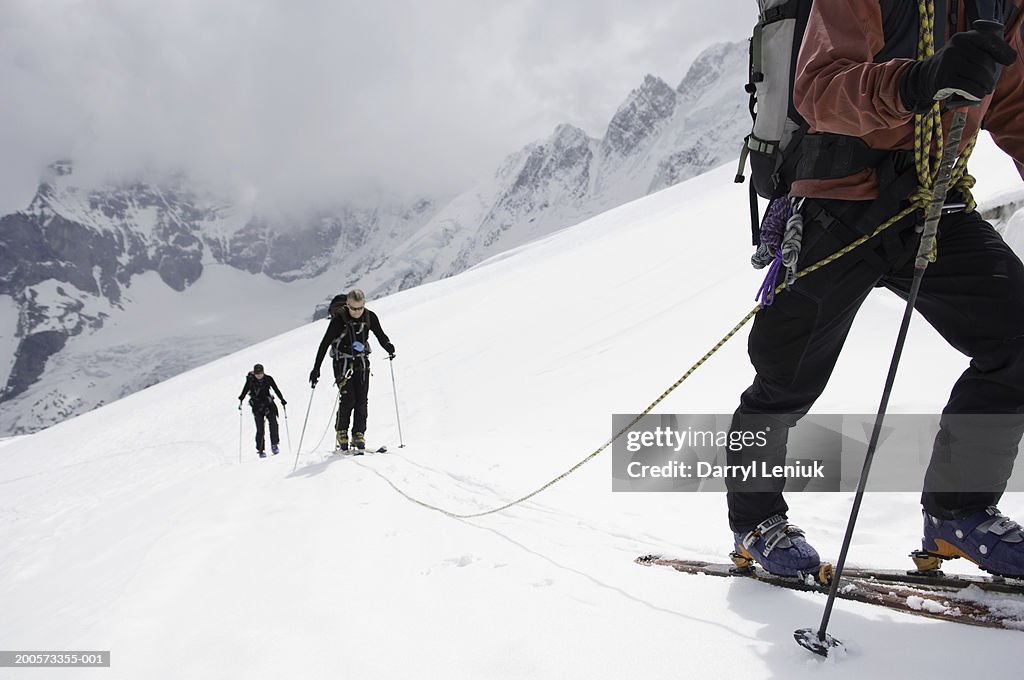 Backcountry skiers climbing slope, elevated view