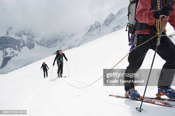 backcountry skiers climbing slope, elevated view - mountaineering team stock pictures, royalty-free photos & images