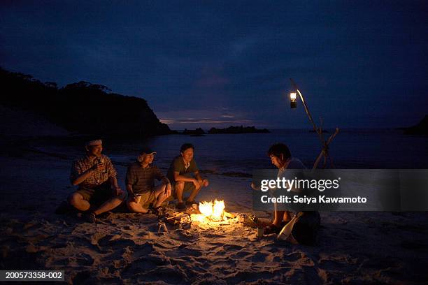 friends sitting around campfire on beach at night - fuego al aire libre fotografías e imágenes de stock