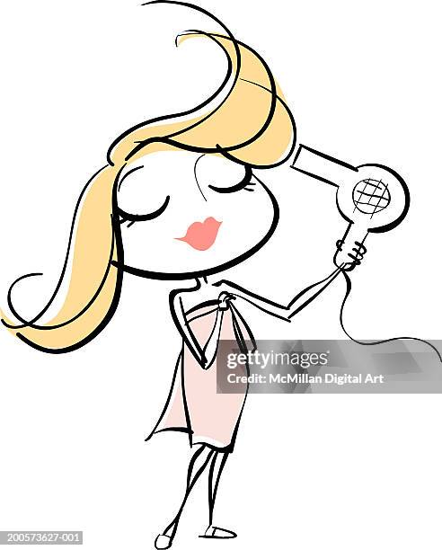 woman drying hair with hair dryer - blow drying hair stock illustrations