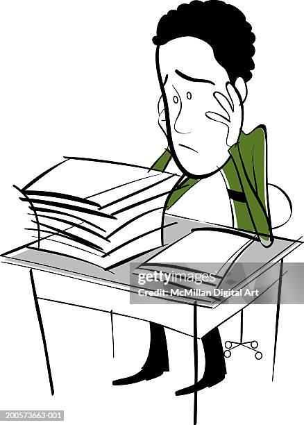 man looking at large stack of documents on desk, grimacing - touching head stock illustrations