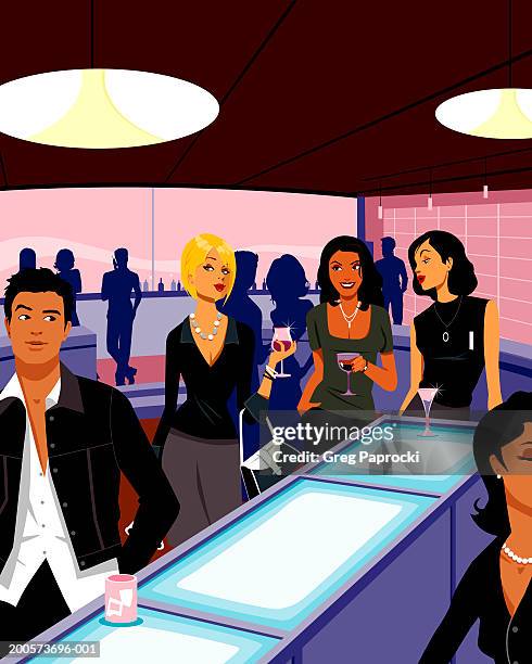 men and women drinking alcohol in nightclub - offener kragen stock-grafiken, -clipart, -cartoons und -symbole