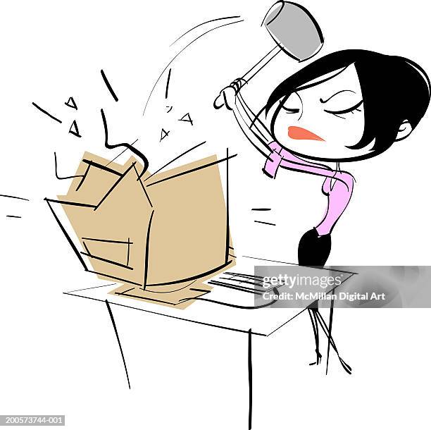 ilustrações de stock, clip art, desenhos animados e ícones de businesswoman hitting computer with sledgehammer - business woman desk stand