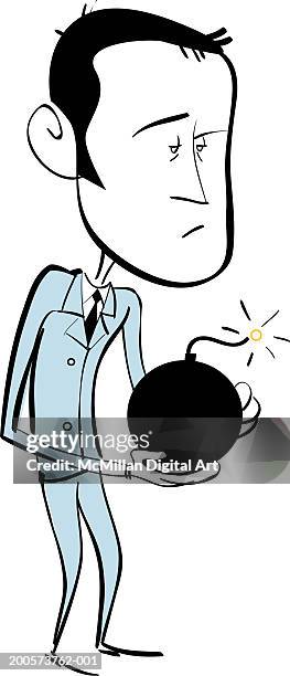 man holding bomb with lit fuse - man upset white background stock illustrations