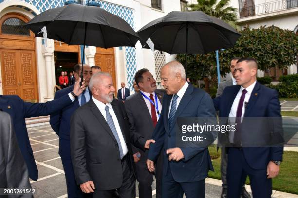Brazilian President Luiz Inacio Lula da Silva meets with Arab League chief Ahmed Abul Gheit ahead of an Arab League meeting to discuss the...