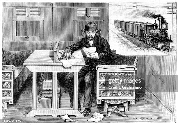 communication between railroad station and running train 1886 - thomas edison stock illustrations