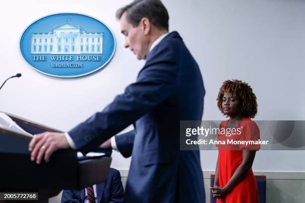White House National Security Communications Advisor John Kirby speaks alongside White House Press Secretary Karine Jean-Pierre during a daily news...