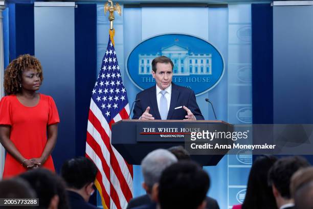 White House National Security Communications Advisor John Kirby speaks alongside White House Press Secretary Karine Jean-Pierre during a daily news...