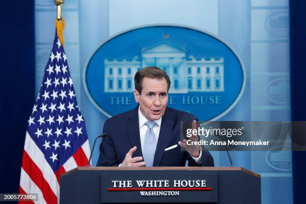White House National Security Communications Advisor John Kirby speaks during a daily news briefing at the James S. Brady Press Briefing Room of the...