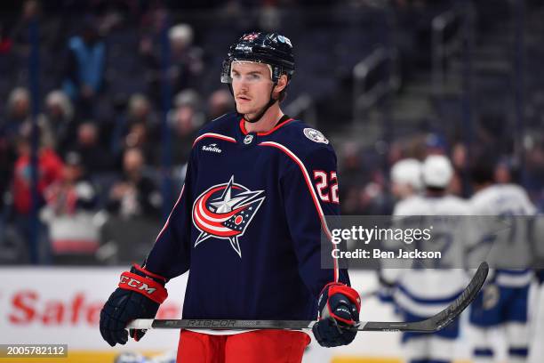 Jake Bean of the Columbus Blue Jackets warms up prior to a game against the Tampa Bay Lightning at Nationwide Arena on February 10, 2024 in Columbus,...