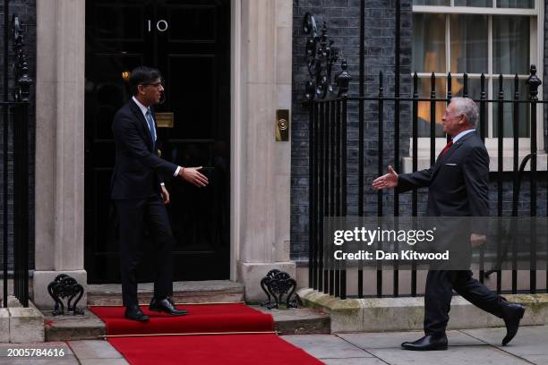 Prime Minister Rishi Sunak greets His Majesty King Abdullah II of Jordan outside 10 Downing Street on February 15, 2024 in London, England. Prime...