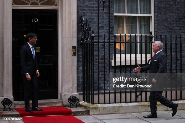 Prime Minister Rishi Sunak greets His Majesty King Abdullah II of Jordan outside 10 Downing Street on February 15, 2024 in London, England. Prime...