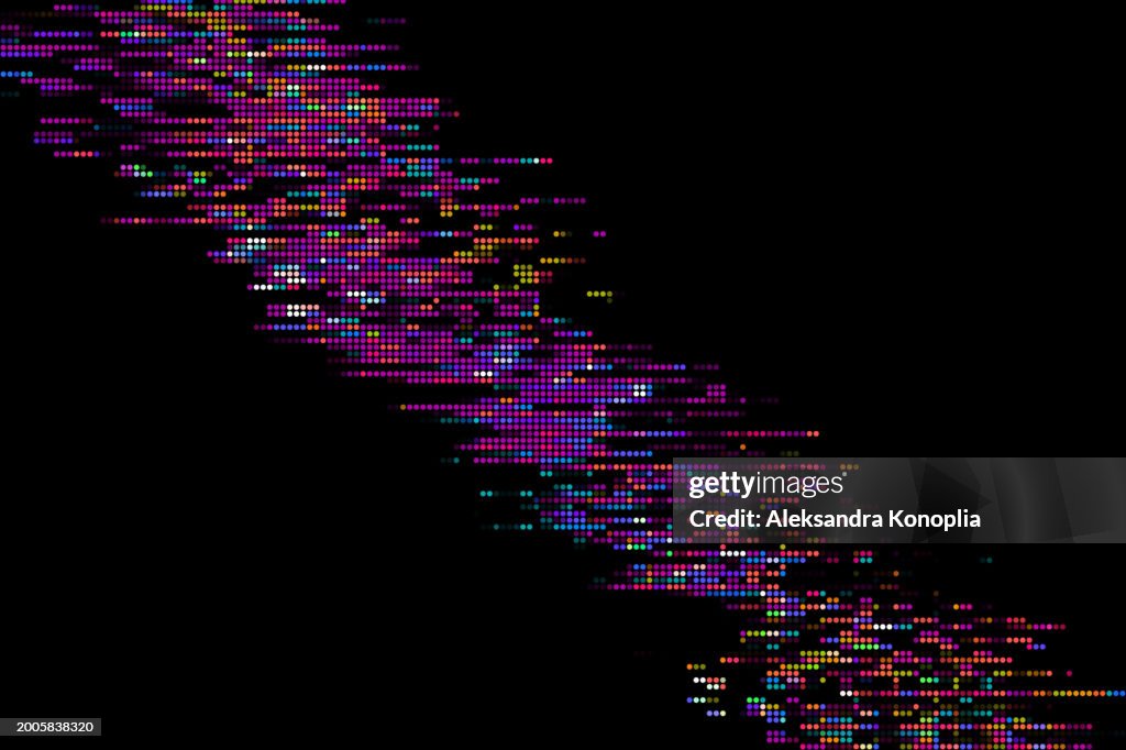 Abstract led screen texture, Dot RGB tv background, Half tone dots, Motion Glitch interlaced Multicolored Distorted textured futuristic design with Circle color Variation Horizontal striped Pattern. Digital signal, Broadcasting error border.