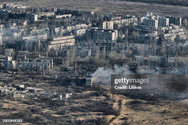 General view of the city's destroyed buildings on February 15, 2024 in Avdiivka district, Ukraine. The Russian army is advancing on the flanks of the...