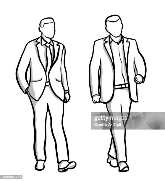walkingoutoftheofficeforlunch - man in suit white background stock illustrations