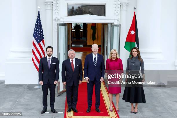 Crown Prince Hussein, King of Jordan Abdullah II ibn Al Hussein, U.S. President Joe Biden, first lady Jill Biden, and Queen Rania of Jordan pose for...