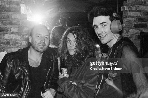 View of, from left, British Post-Punk musicians Peter Hook & Dave Hicks, both of the group Revenge, and DJ Larry Tee at the Love Machine nightclub,...