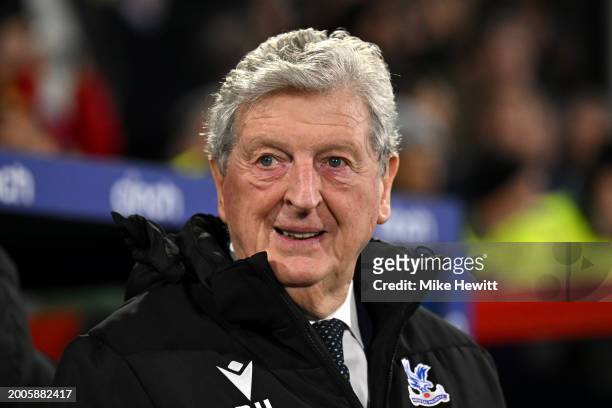 Roy Hodgson, Manager of Crystal Palace, looks on prior to the Premier League match between Crystal Palace and Chelsea FC at Selhurst Park on February...