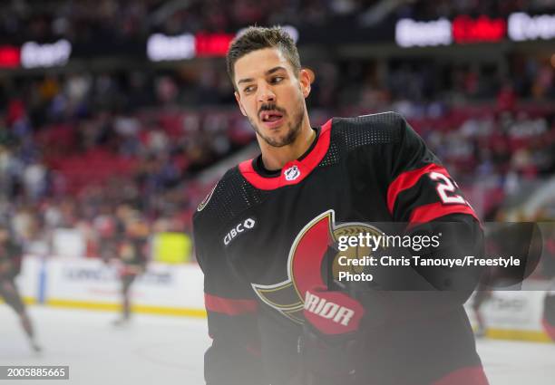 Travis Hamonic of the Ottawa Senators skates against the Toronto Maple Leafs at Canadian Tire Centre on February 10, 2024 in Ottawa, Ontario, Canada.