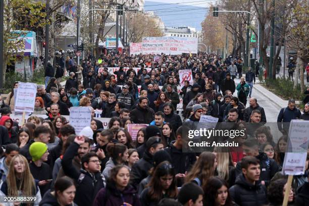 Students, holding banners, gather to stage protest against the government's new university reform in Athens, Greece on February 15, 2024.