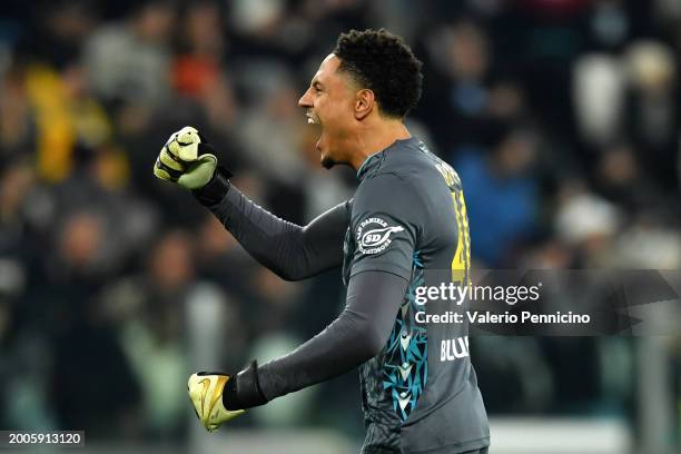 Maduka Okoye of Udinese Calcio celebrates after Lautaro Gianetti of Udinese Calcio scores his team's first goal during the Serie A TIM match between...
