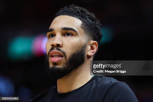 Jayson Tatum of the Boston Celtics warms up prior to a game against the Miami Heat at Kaseya Center on February 11, 2024 in Miami, Florida. NOTE TO...