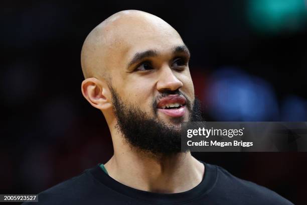 Derrick White of the Boston Celtics warms up prior to a game against the Miami Heat at Kaseya Center on February 11, 2024 in Miami, Florida. NOTE TO...