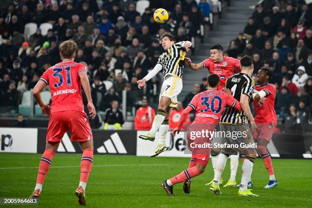 Federico Chiesa of Juventus FC head the ball during the Serie A TIM match between Juventus and Udinese Calcio - Serie A TIM at Allianz Stadium on...