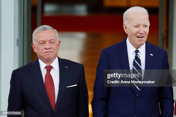 King of Jordan Abdullah II ibn Al Hussein and U.S. President Joe Biden for a photo after the King's arrival on the North Portico of the White House...