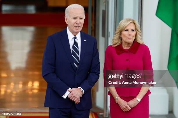 President Joe Biden and first lady Jill Biden await the arrival of King of Jordan Abdullah II ibn Al Hussein and Queen Rania of Jordan at the North...