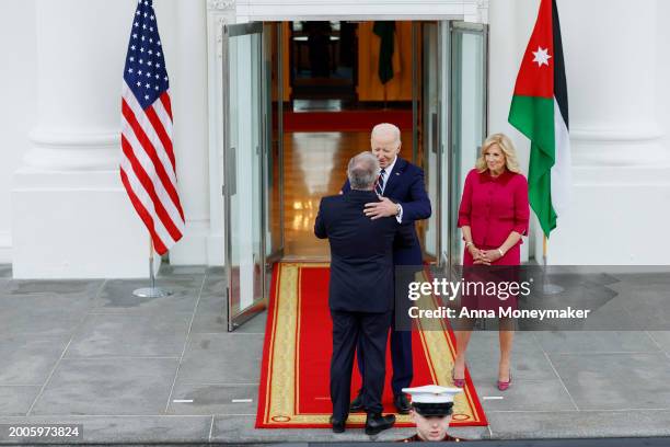 President Joe Biden and first lady Jill Biden welcome King of Jordan Abdullah II ibn Al Hussein and Queen Rania of Jordan at the North Portico of the...