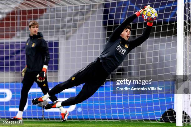 Kepa Arrizabalga player of Real Madrid in training at Red Bull Arena on February 12, 2024 in Leipzig, Germany.