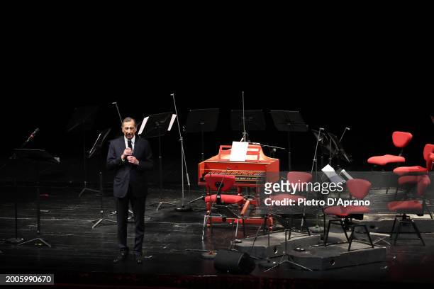Mayor Beppe Sala introduces the performance of L'Orchestra del Mare at Teatro alla Scala on February 12 in Milan, Italy.
