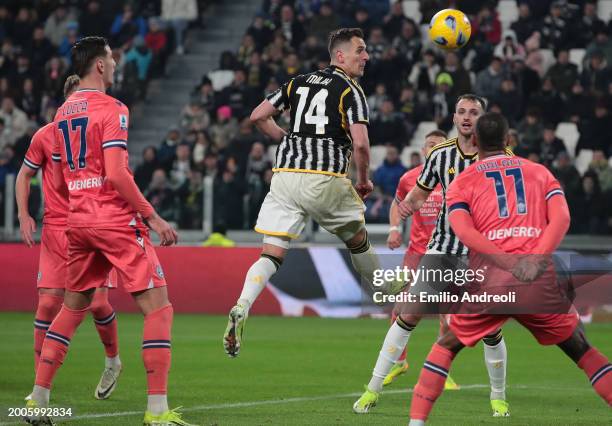 Arkadiusz Milik of Juventus scores the team's first goal which is later disallowed by VAR during the Serie A TIM match between Juventus and Udinese...