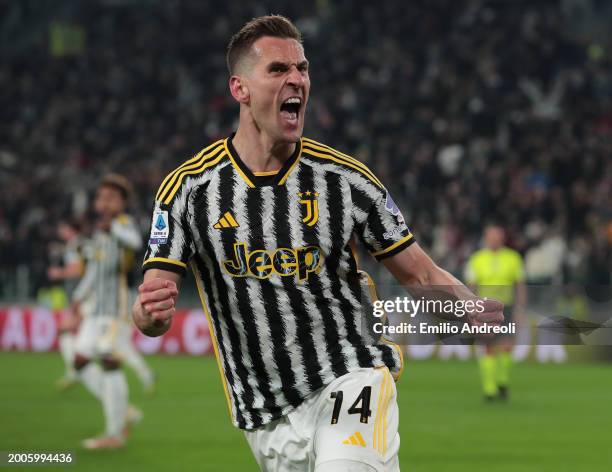 Arkadiusz Milik of Juventus celebrates after scoring the team's first goal which is later disallowed by VAR during the Serie A TIM match between...