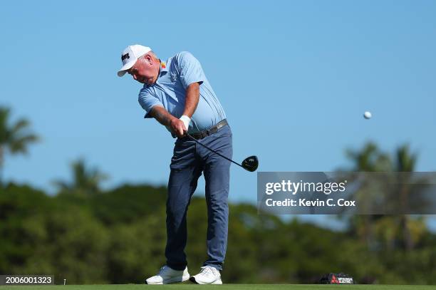 Mark O'Meara of the United States tees off the second hole during the first round of the Mitsubishi Electric Championship at Hualalai Golf Club on...