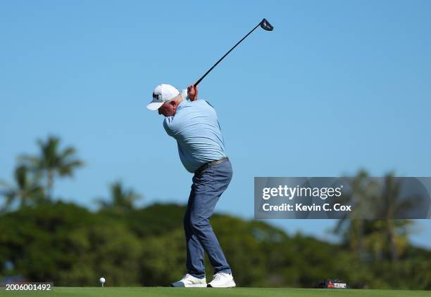 Mark O'Meara of the United States tees off the second hole during the first round of the Mitsubishi Electric Championship at Hualalai Golf Club on...