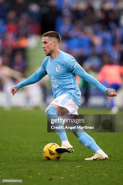 Mihailo Ristic of RC Celta controls the ball during the LaLiga EA Sports match between Getafe CF and Celta Vigo at Coliseum Alfonso Perez on February...