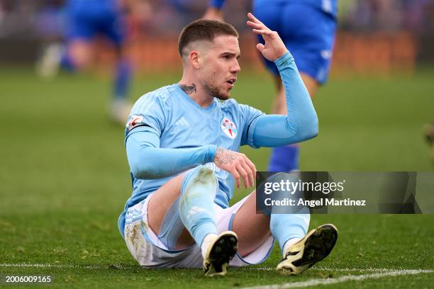 Mihailo Ristic of RC Celta reacts during the LaLiga EA Sports match between Getafe CF and Celta Vigo at Coliseum Alfonso Perez on February 11, 2024...