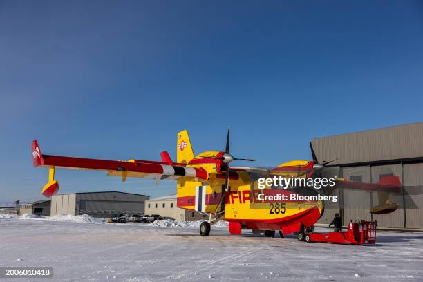 Bridger Aerospace's CL-415EAF Super Scooper airplane at their hangar in Bozeman, Montana, US, on Thursday, Jan. 18, 2024. Tim Sheehy is a former Navy...