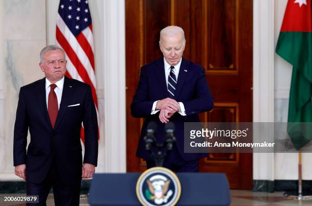 President Joe Biden and King of Jordan Abdullah II ibn Al Hussein arrive to deliver remarks at the White House on February 12, 2024 in Washington,...