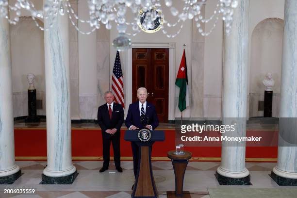 President Joe Biden delivers remarks alongside King of Jordan Abdullah II ibn Al Hussein at the White House on February 12, 2024 in Washington, DC....