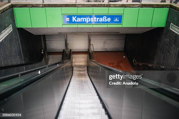 View of a closed U-Bahn station during a one-day strike on February 15, 2024 in Dortmund, Germany. Public transport workers are striking today across...