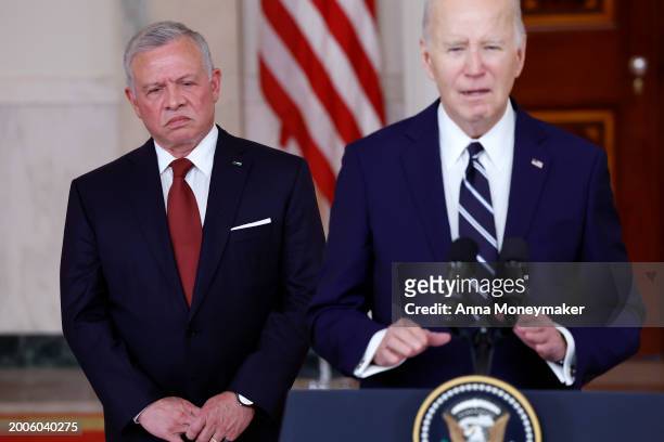 King of Jordan Abdullah II ibn Al Hussein stands next to U.S. President Joe Biden as he delivers remarks at the White House on February 12, 2024 in...