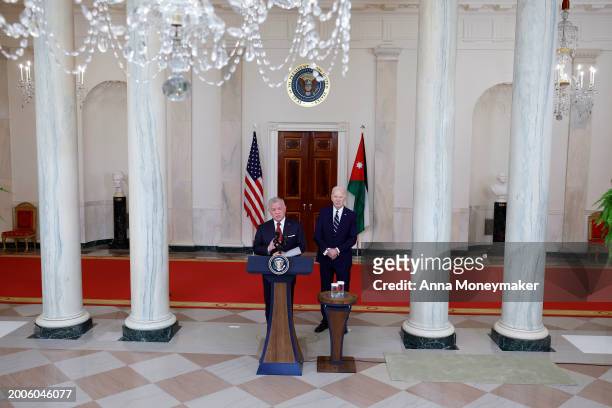 King of Jordan Abdullah II ibn Al Hussein delivers remarks alongside U.S. President Joe Biden at the White House on February 12, 2024 in Washington,...