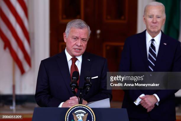 King of Jordan Abdullah II ibn Al Hussein delivers remarks alongside U.S. President Joe Biden at the White House on February 12, 2024 in Washington,...