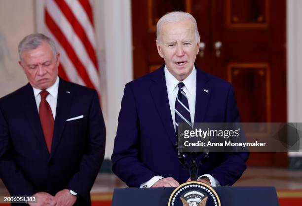President Joe Biden delivers remarks alongside King of Jordan Abdullah II ibn Al Hussein at the White House on February 12, 2024 in Washington, DC....