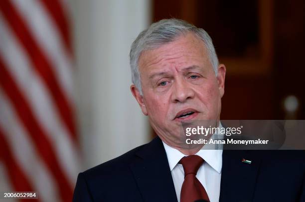 King of Jordan Abdullah II ibn Al Hussein delivers remarks as U.S. President Joe Biden welcomes him to the White House on February 12, 2024 in...