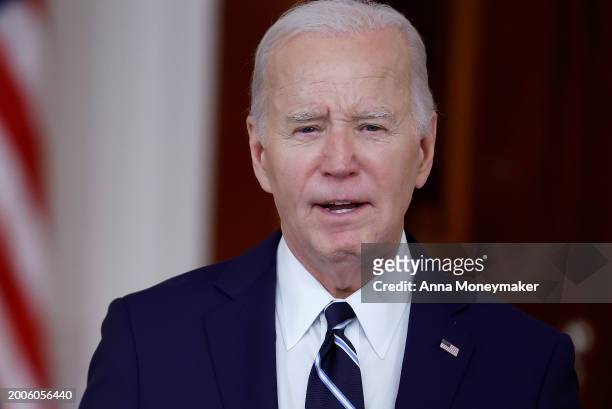 President Joe Biden delivers remarks as he welcomes King of Jordan Abdullah II ibn Al Hussein to the White House on February 12, 2024 in Washington,...