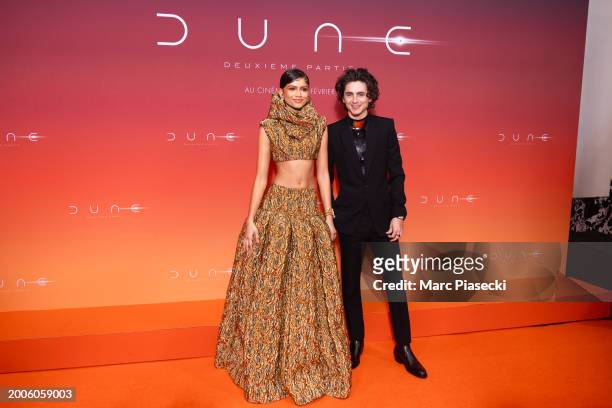 Zendaya and Timothee Chalamet attend the "Dune 2" Premiere at Le Grand Rex on February 12, 2024 in Paris, France.